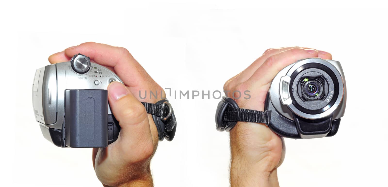 Hand holding camcorder. Front and back view