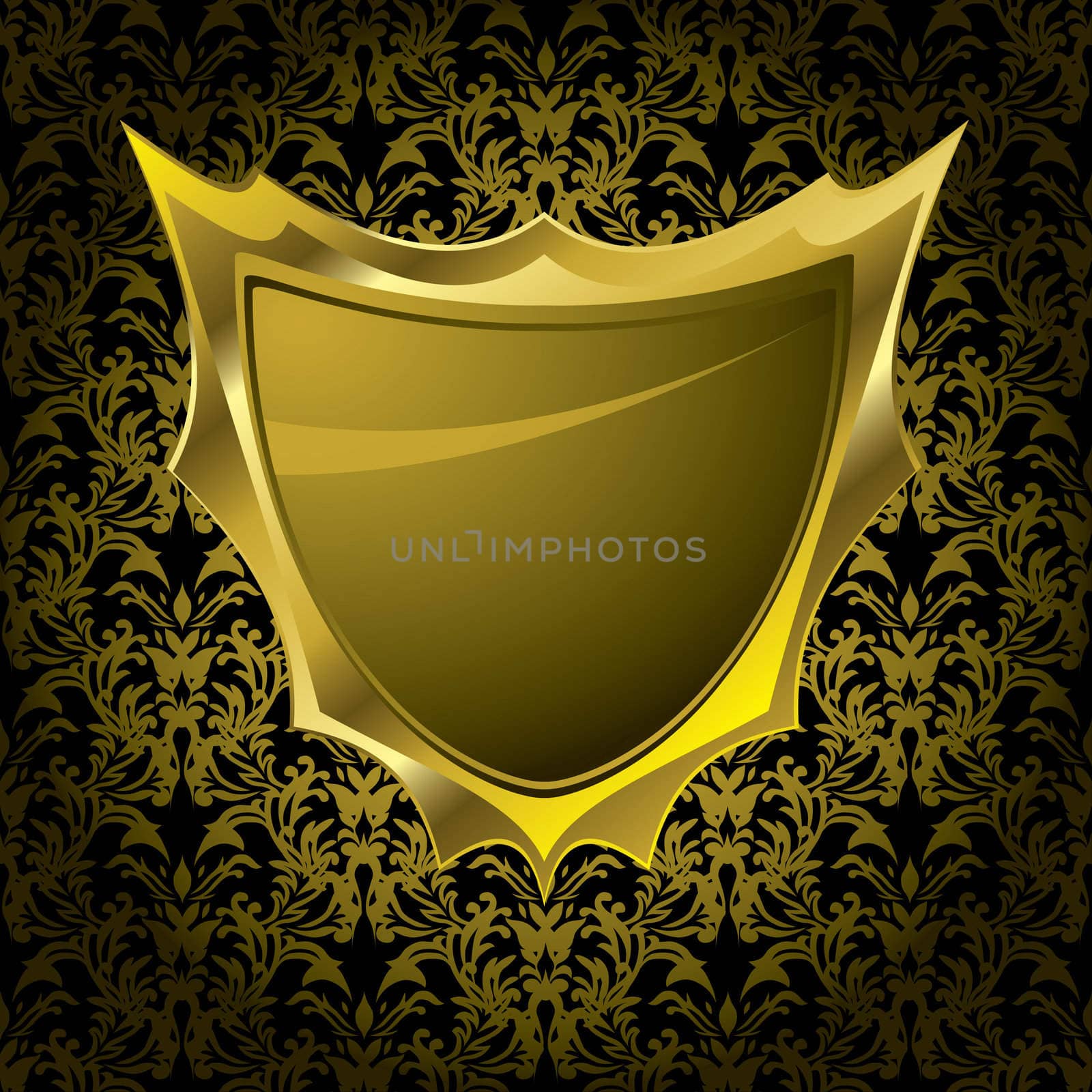 golden shield layed over a floral background wallpaper