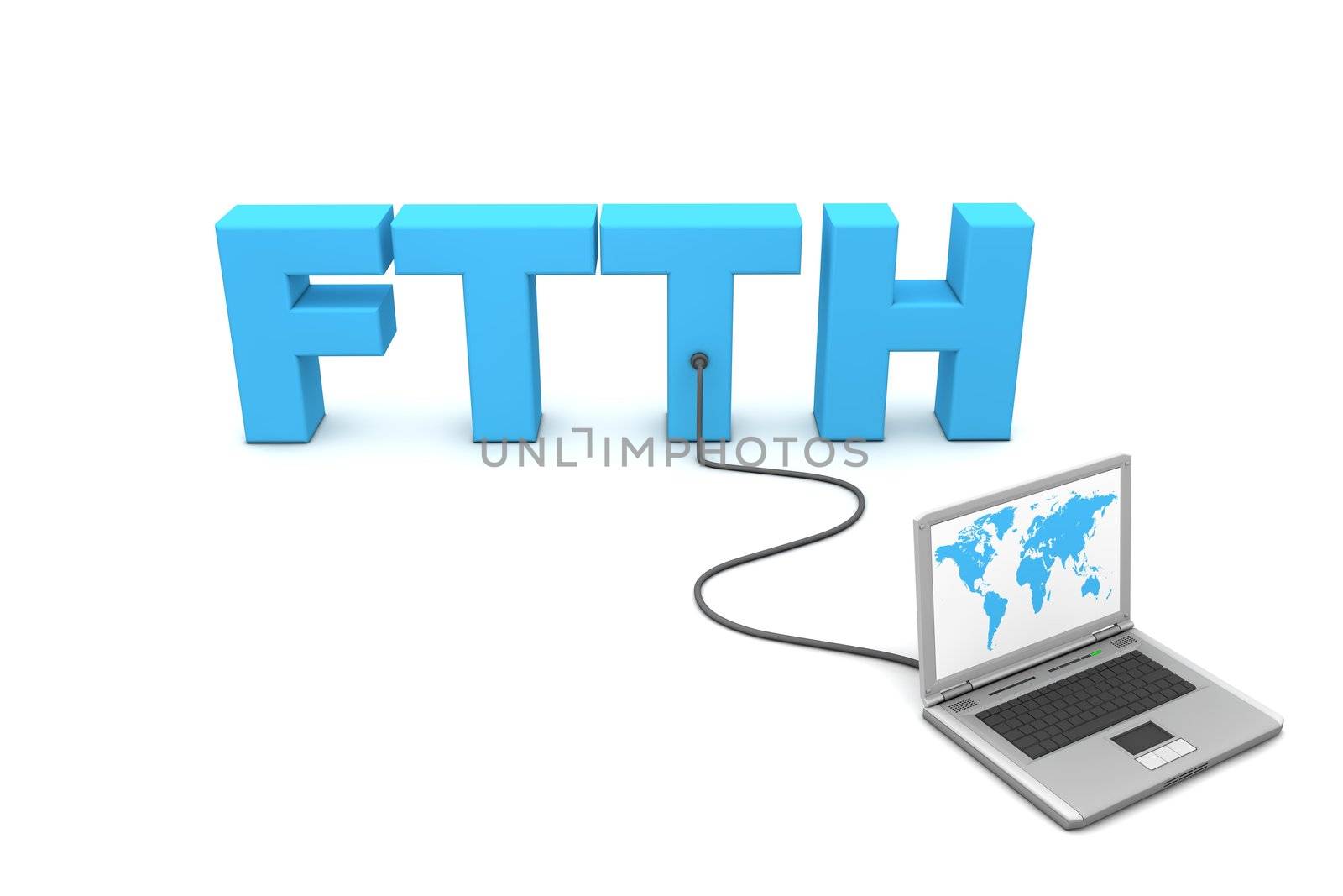 laptop with worldmap connected to the 3D word FTTH - Fibre to the Home