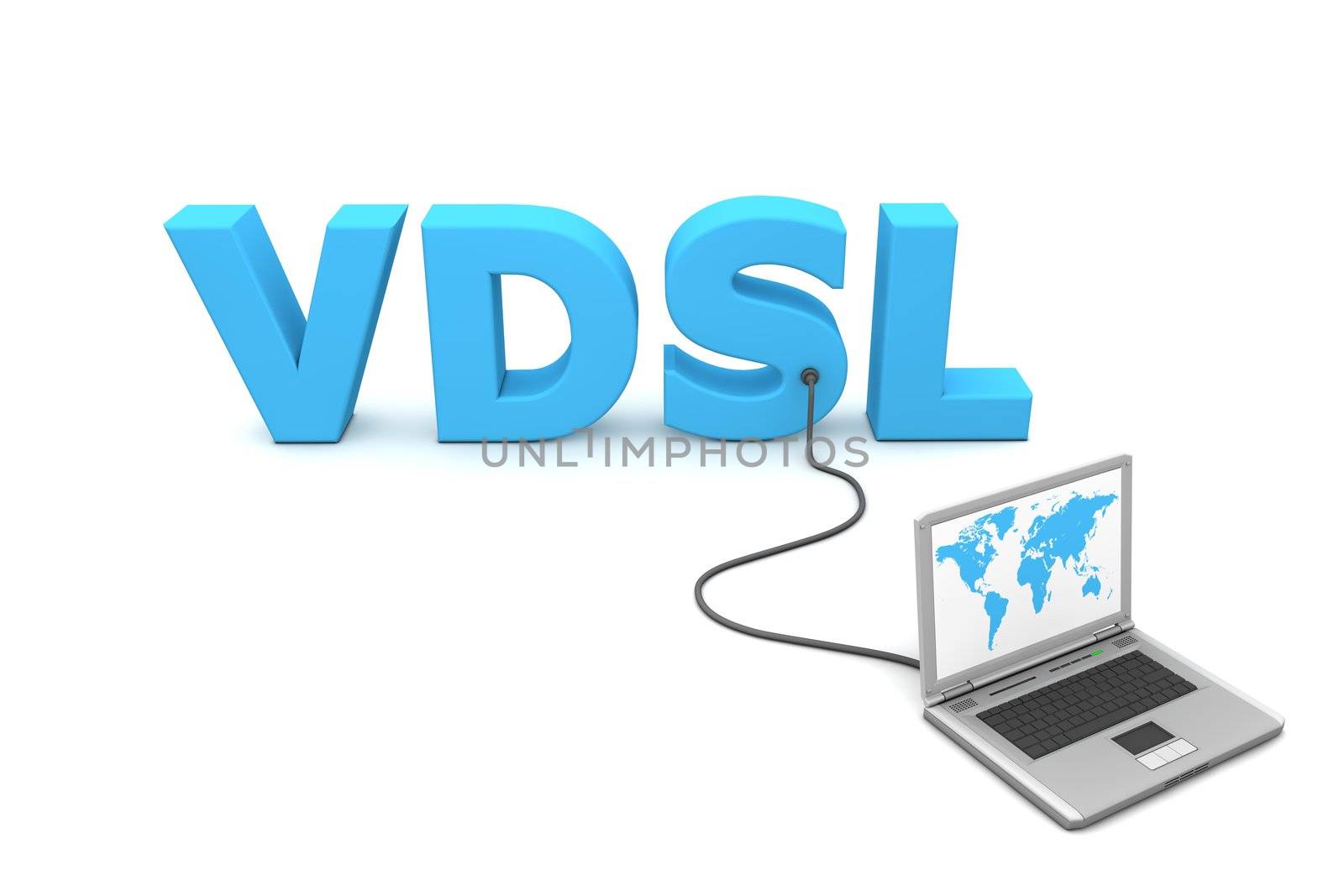 laptop with worldmap connected to the 3D word VDSL