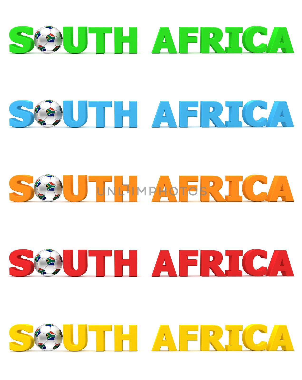 word South Africa with football/soccer ball replacing letter O - south african flag on the ball - in green, blue, orange, red, yellow