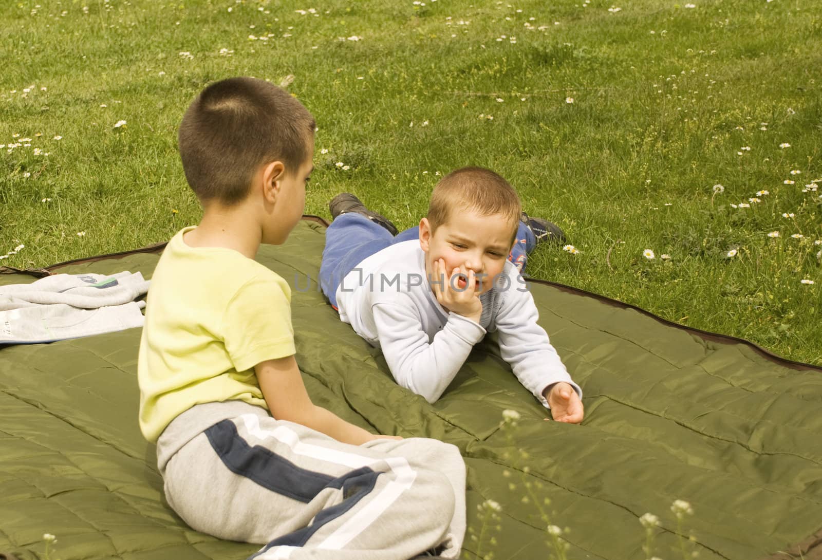 two boys on a blanket enjoying the sunny day