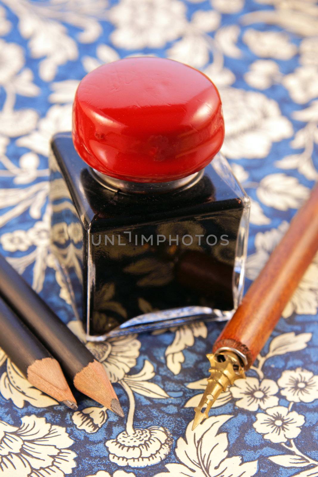 Close-up of a pen, bottle of india ink and pencils over a floral paper background