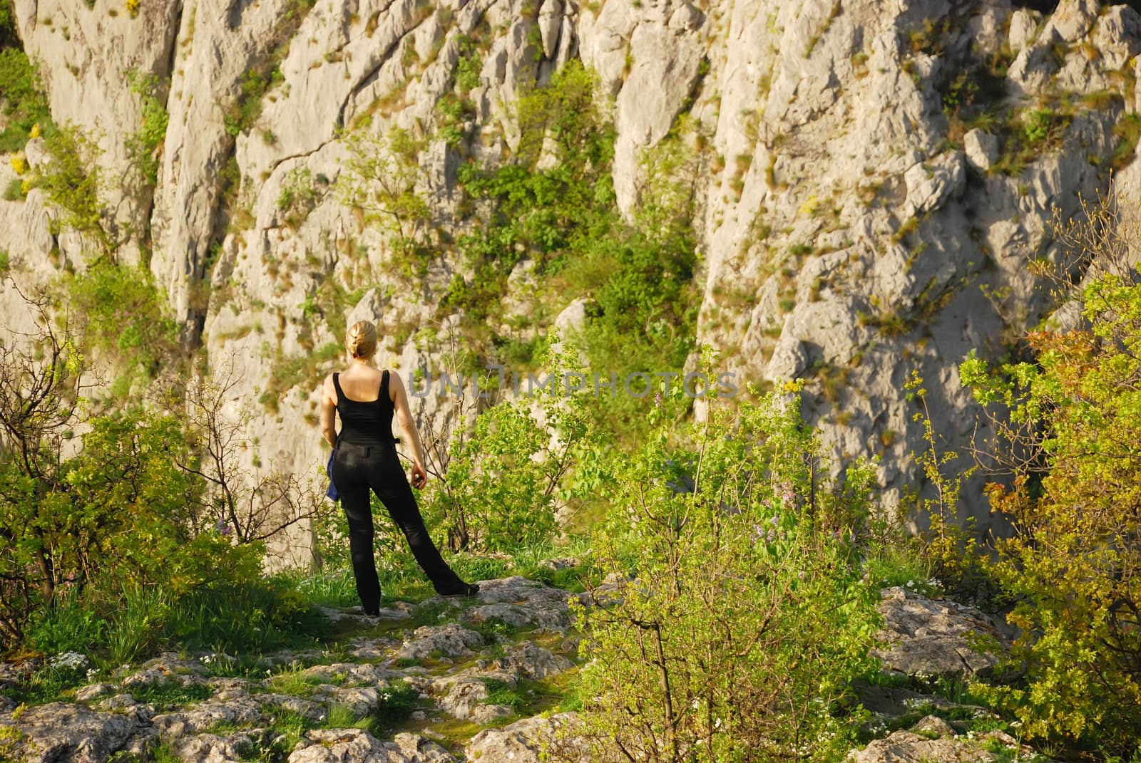 a girl is standing on a cliff