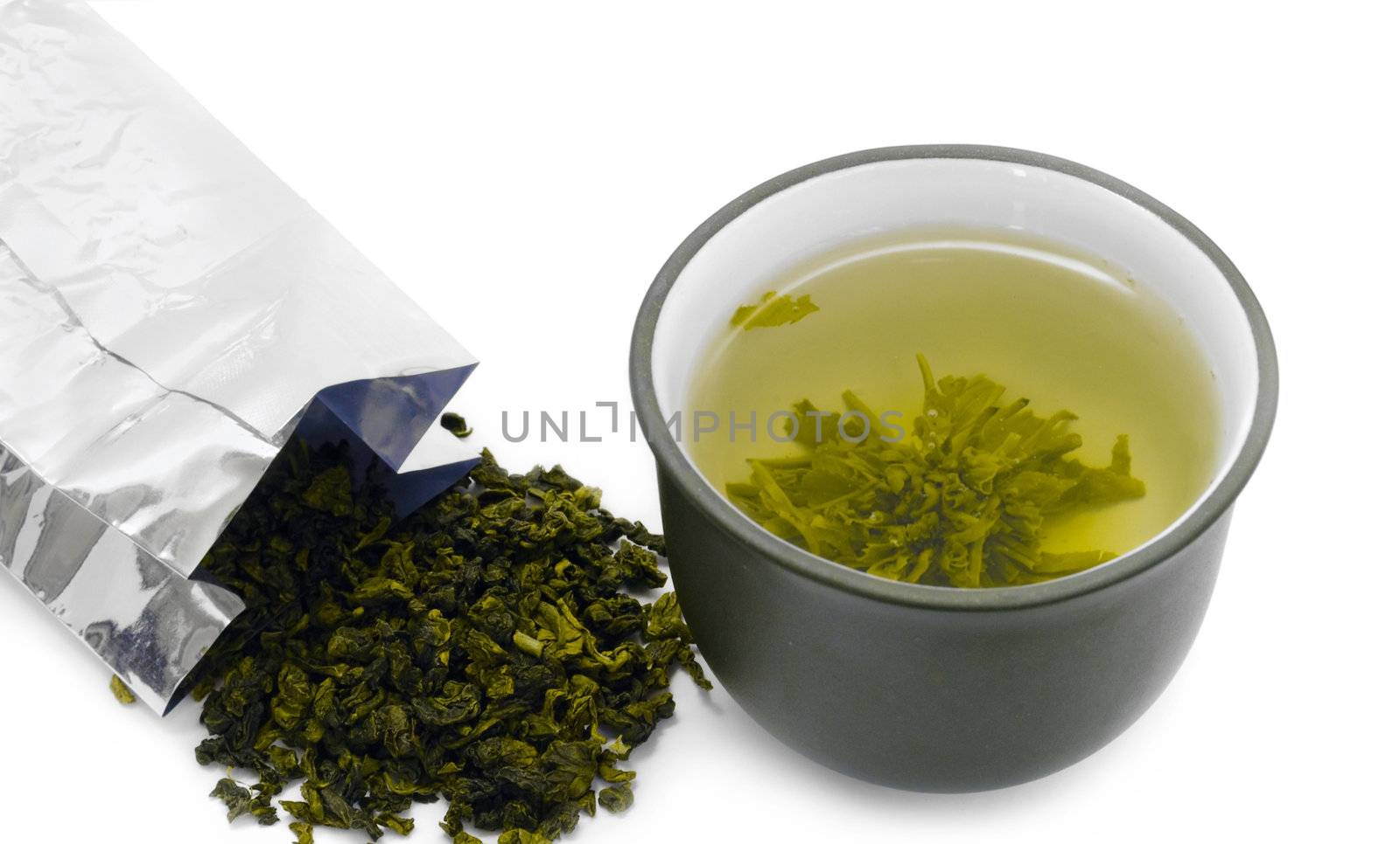 cup of tea and pack of green tea leaves