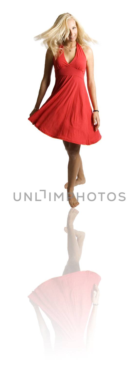 teenage girl is swirling around on a white background