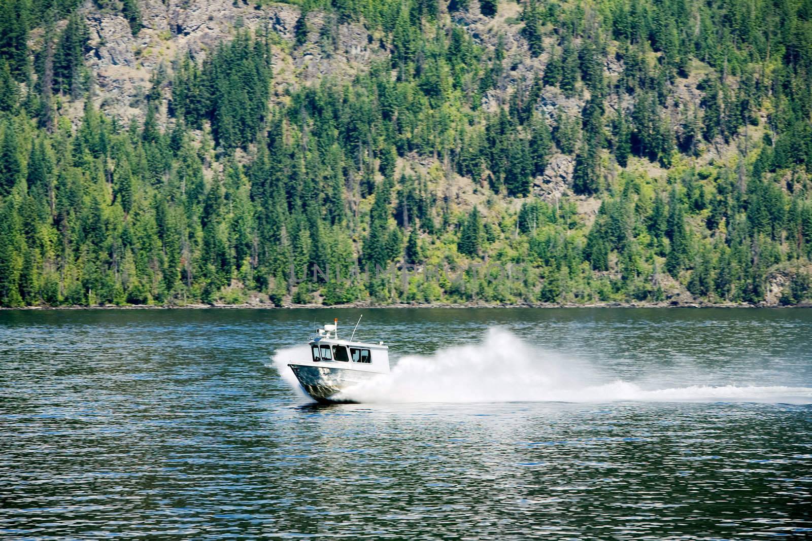 A rescue maintenance boat on a lake