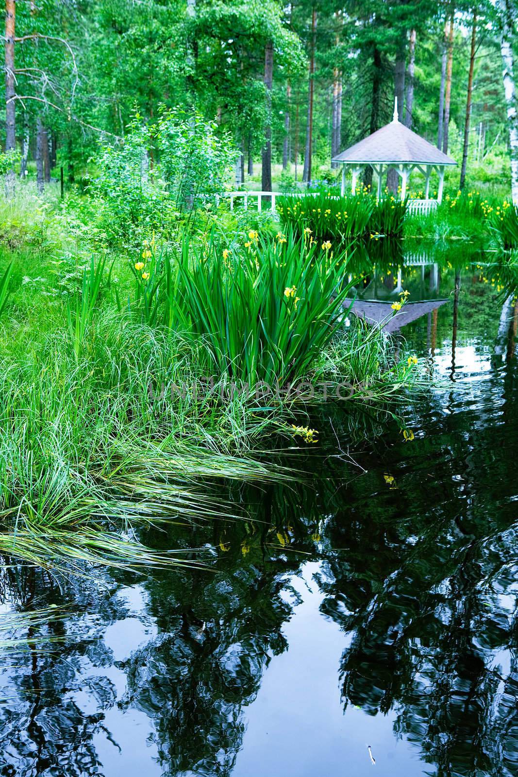 A garden with pond and gazebo