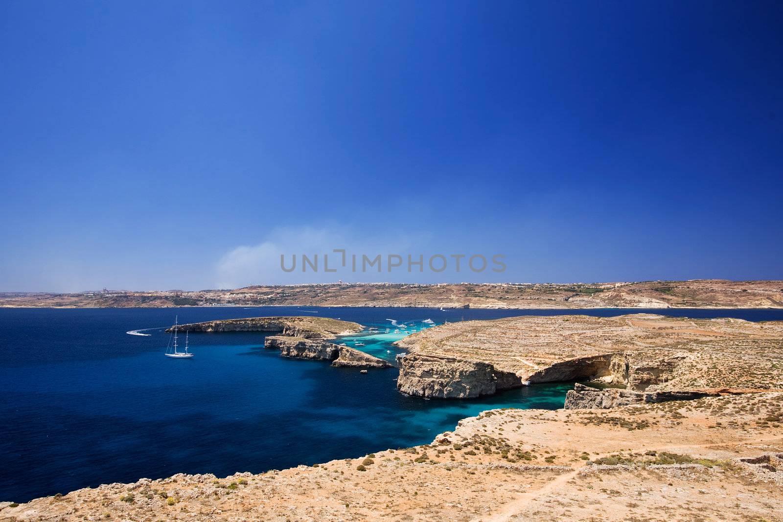 Landscape of Comino Island (foreground) and Gozo Island (background) in malta