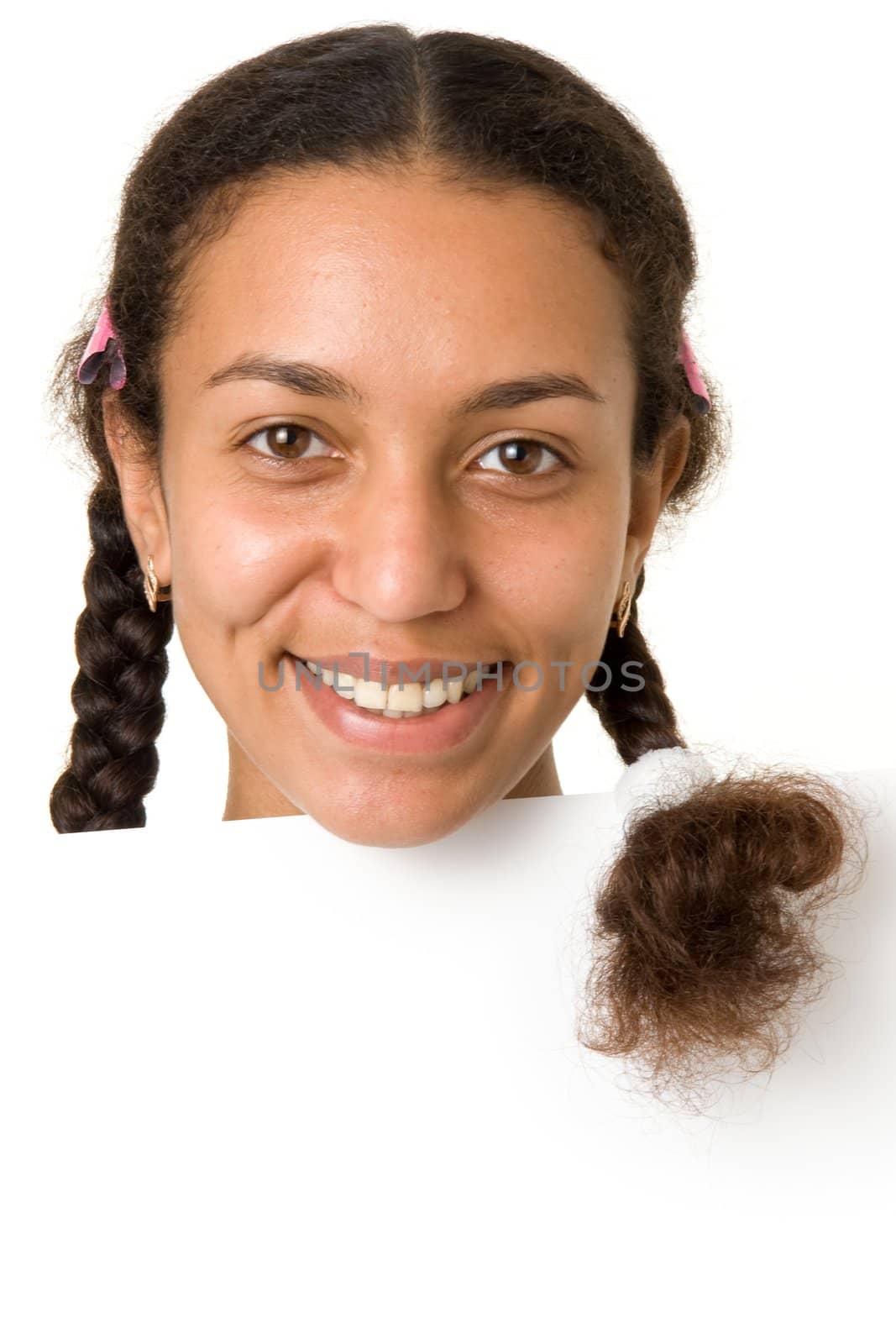 young woman with pigtails, isolated on white.