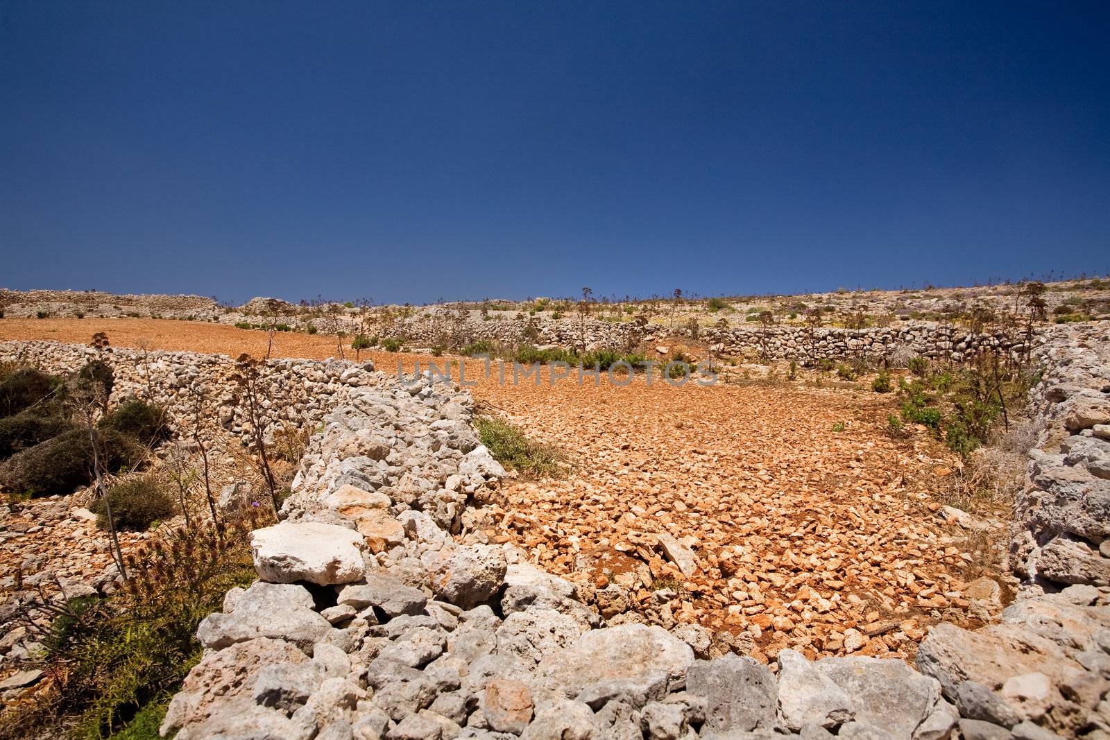 Farmland filled with rocks and red soil