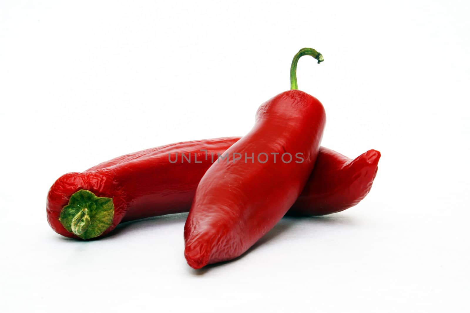 Two red chili peppers on white background
