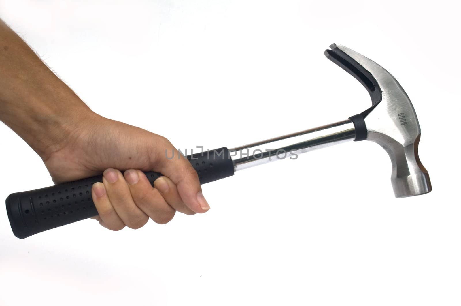 Hand holding a silver claw hammer against a white background