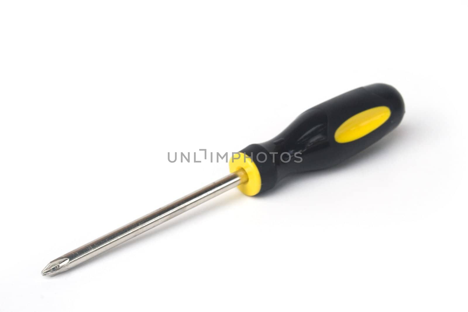 Yellow and black handled phillips screwdriver on white background