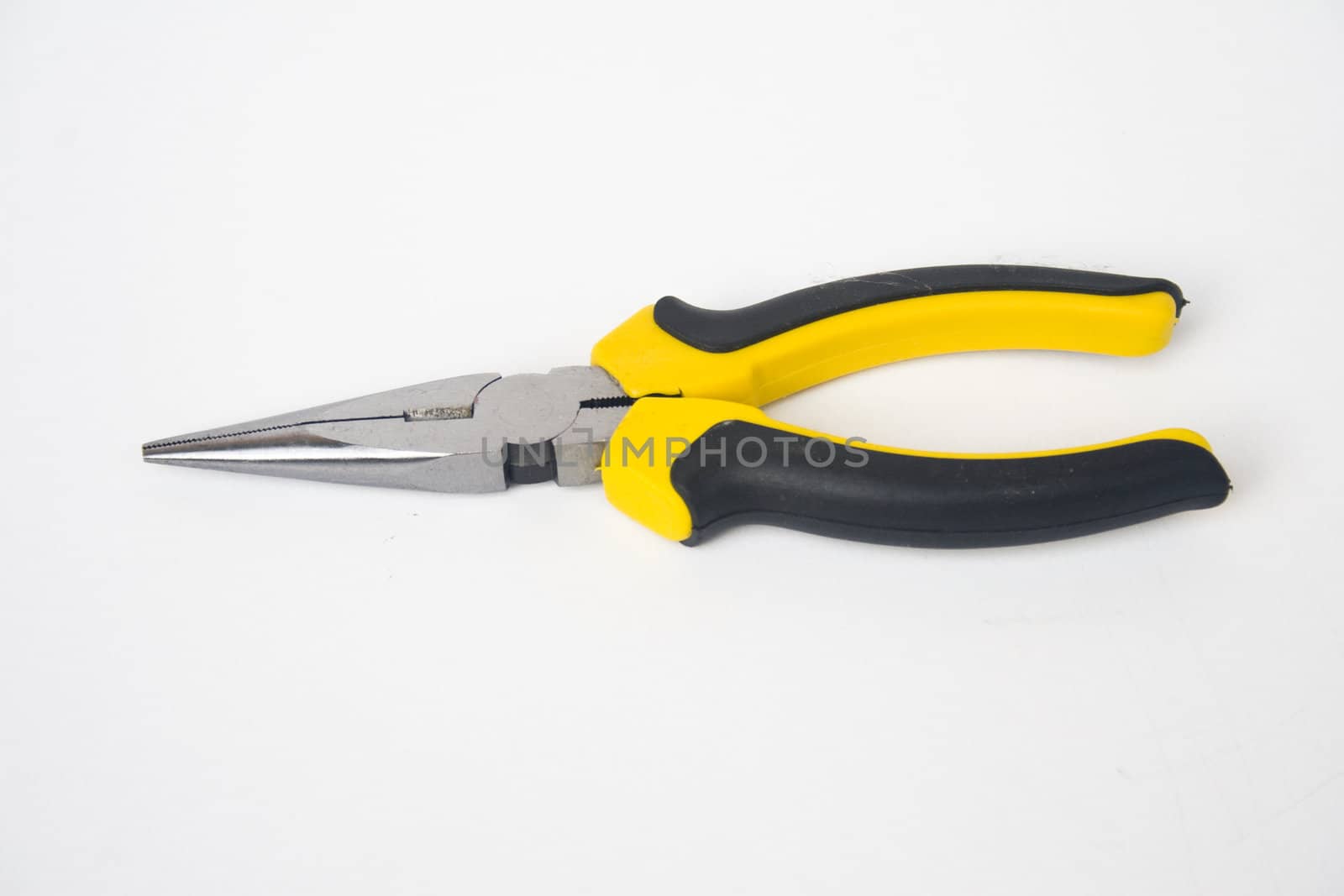 Yellow and black handled needle nose pliers against a white background
