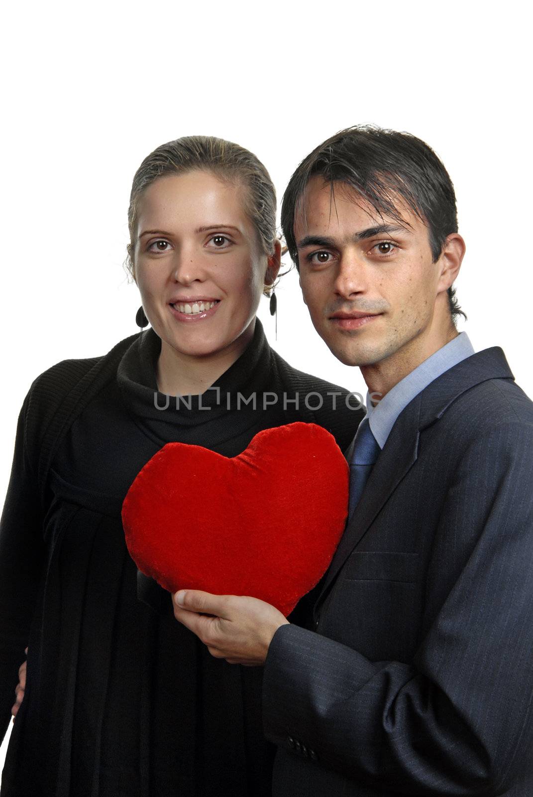 young casual couple in love isolated on white