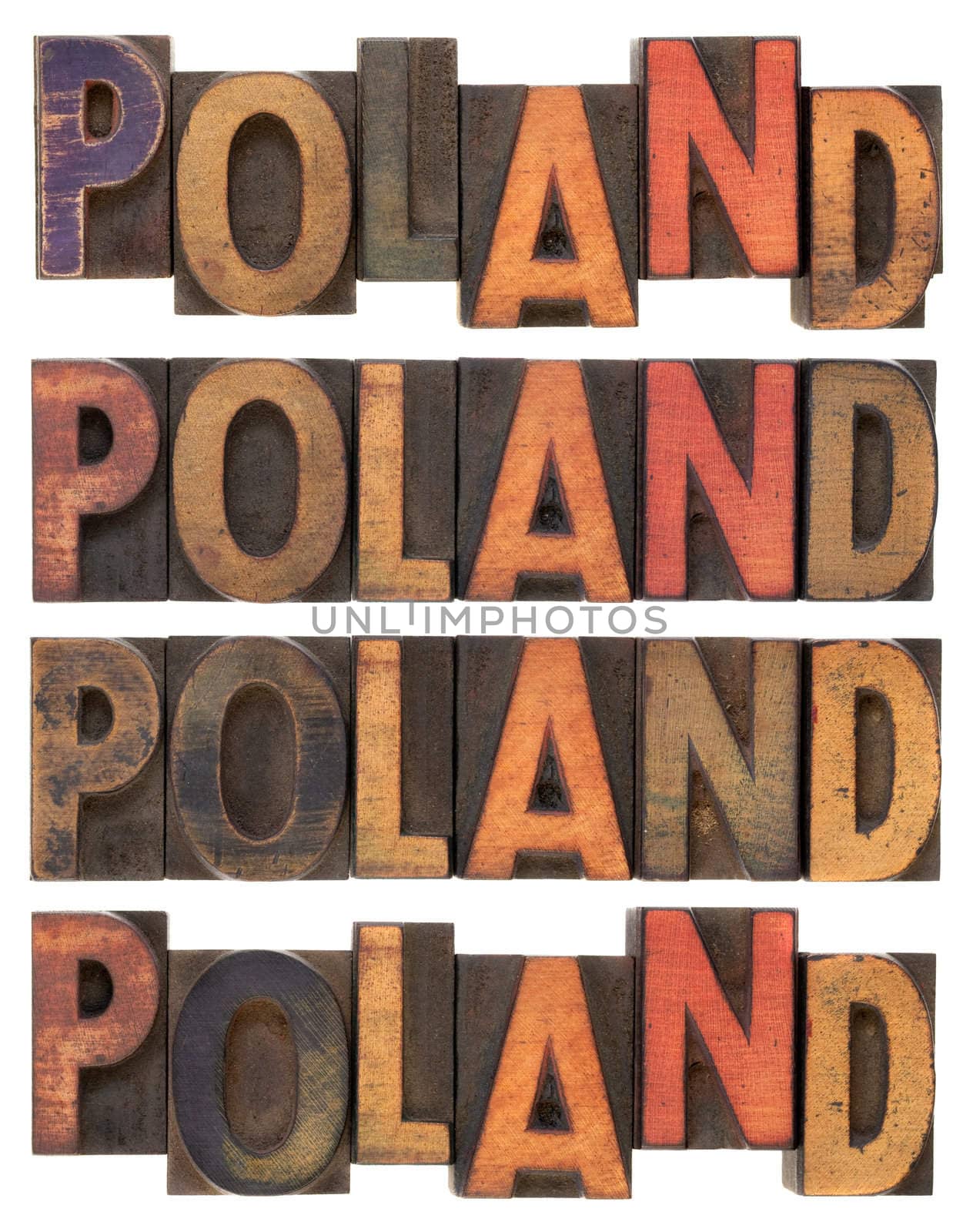 word Poland (four versions) in vintage letterpress wood type, stained by ink, isolated on white