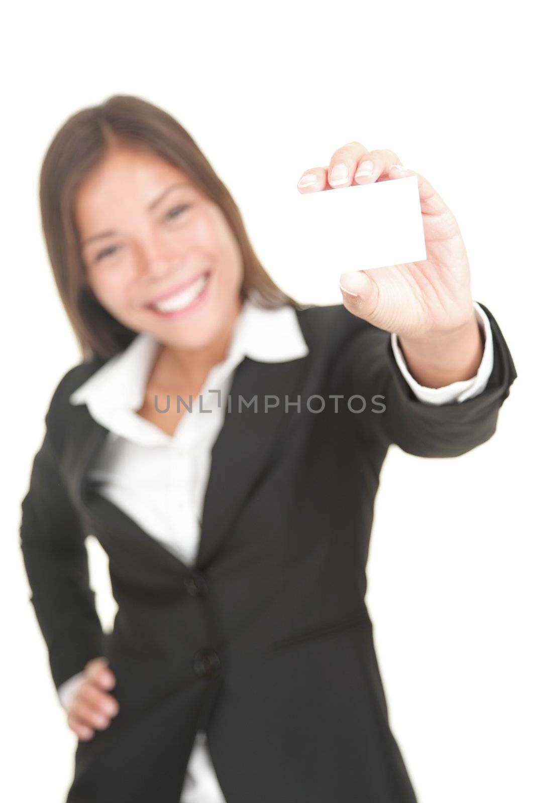 Business card woman. Businesswoman in her 20s showing blank sign isolated on white background.