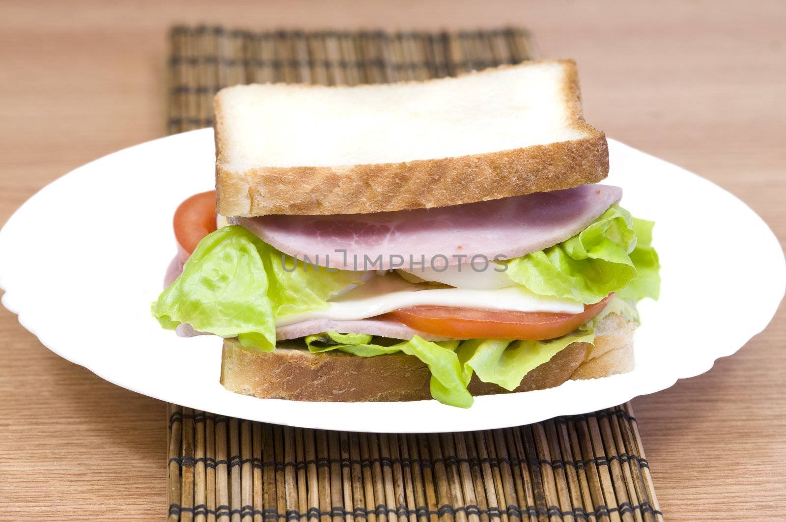 yummy and fresh turkey ham sandwich with lettuce, swiss cheese and tomato
