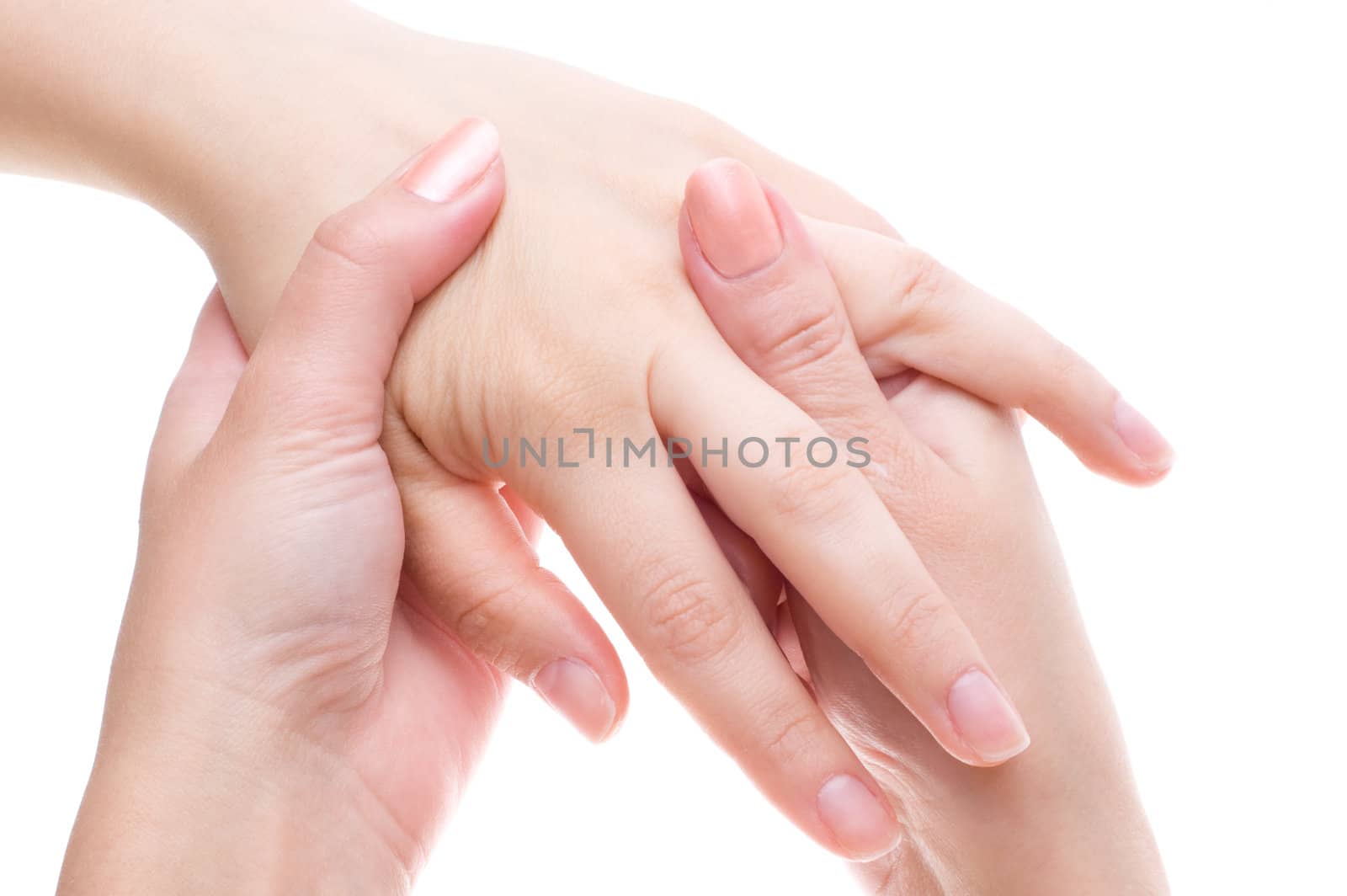 female palm and fingers massage, high key, isolated on white