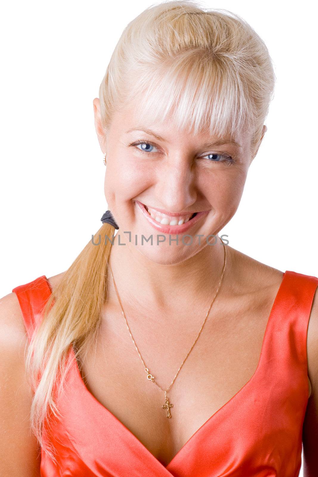 Blond smiling woman in red. Isolated on white. #1