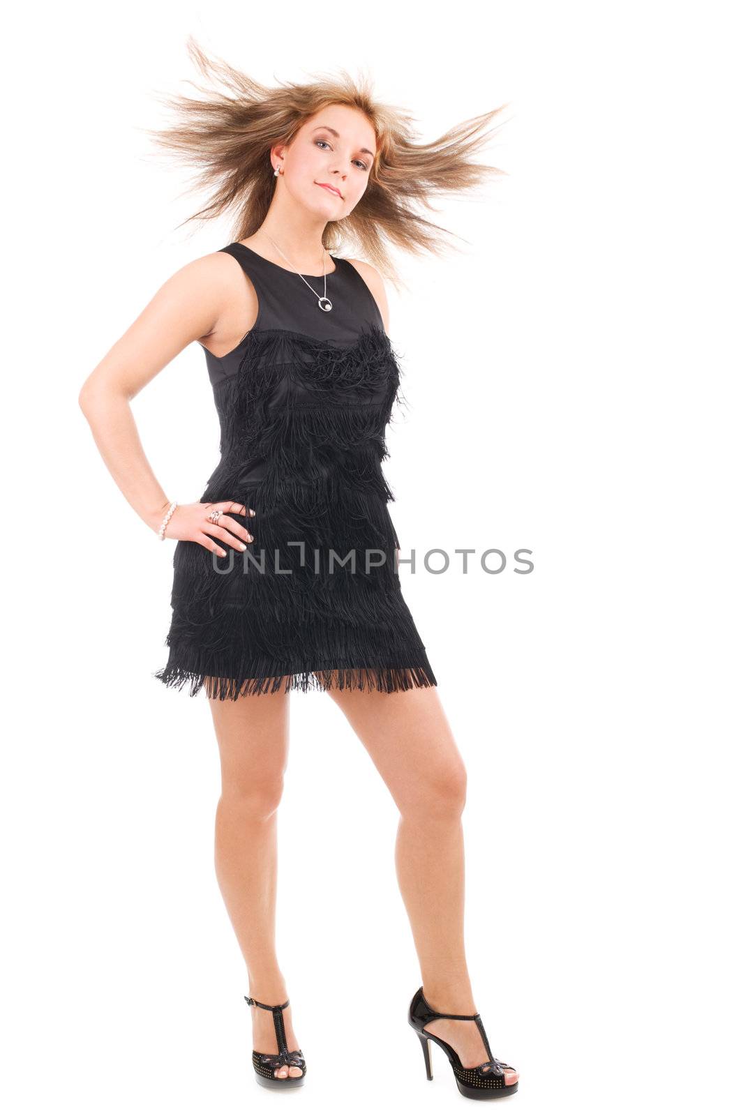 Dancing woman with flying hair on isolated background