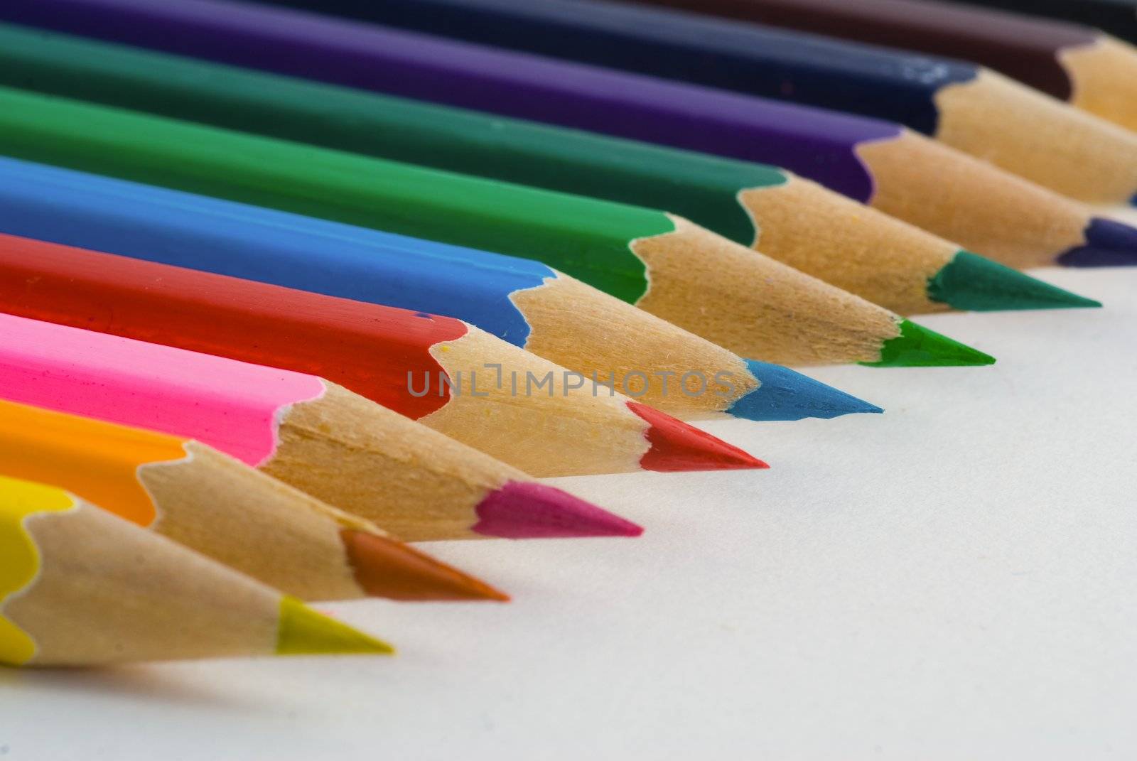 Closeup of colored crayons on white background