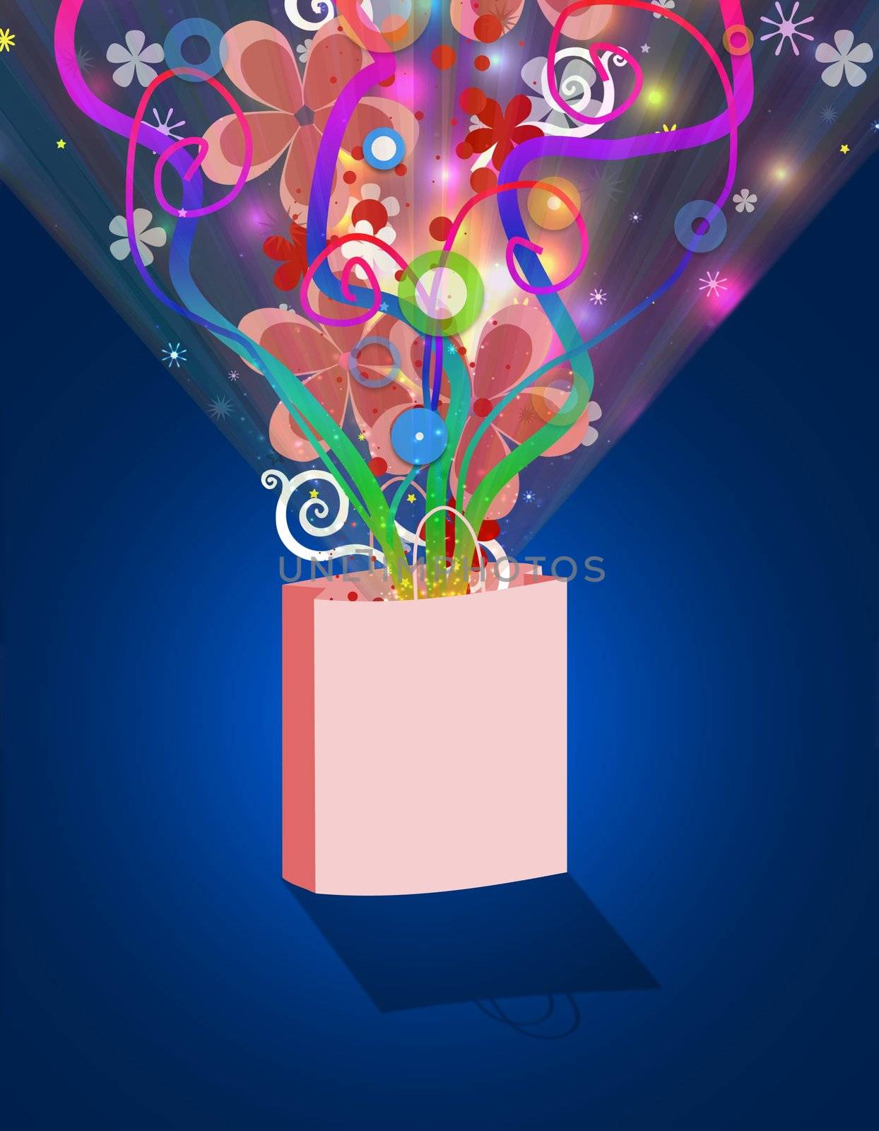 Illustration of a shopping bag with colorful flowers and ribbons bursting out from inside
