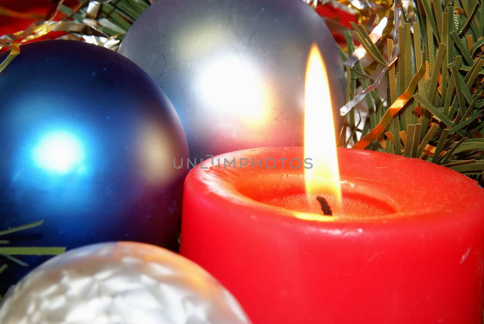 Christmas theme. Candle and ornaments