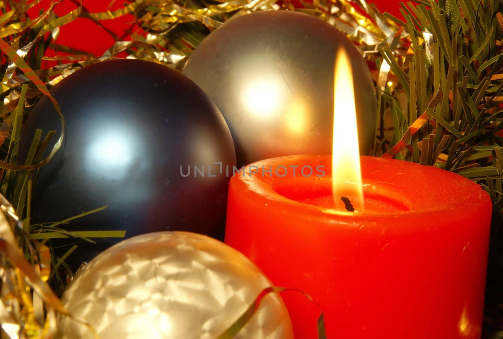 Christmas theme. Candle and ornaments