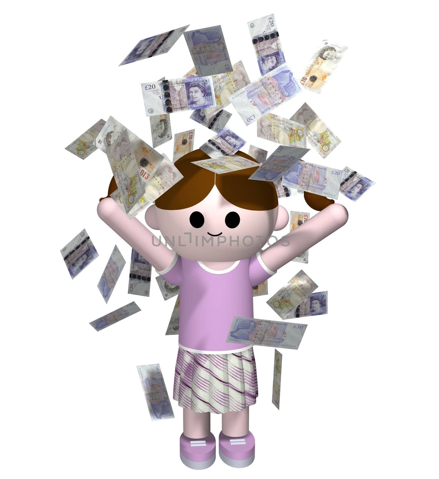 3D illustration of a girl being showered in money