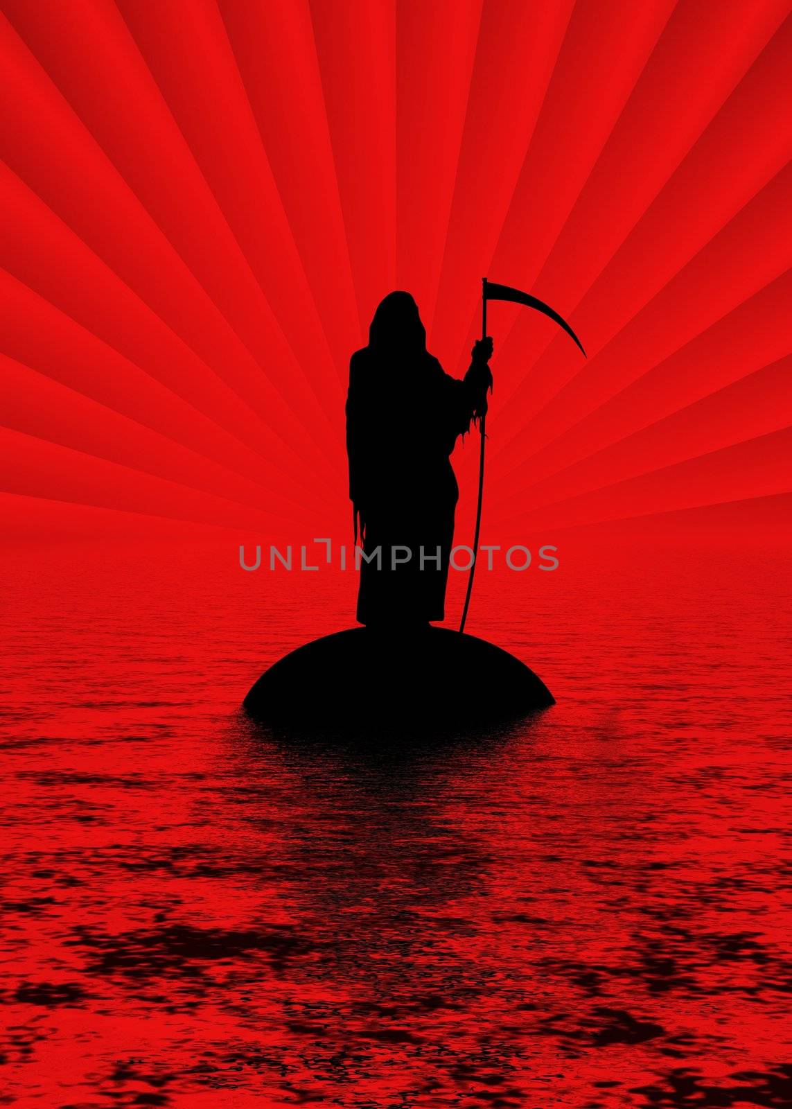 Silhouette of the Grim Reaper on an island
