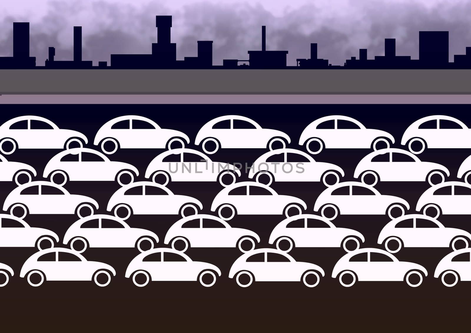 Illustration of lots of white cars on a urban background
