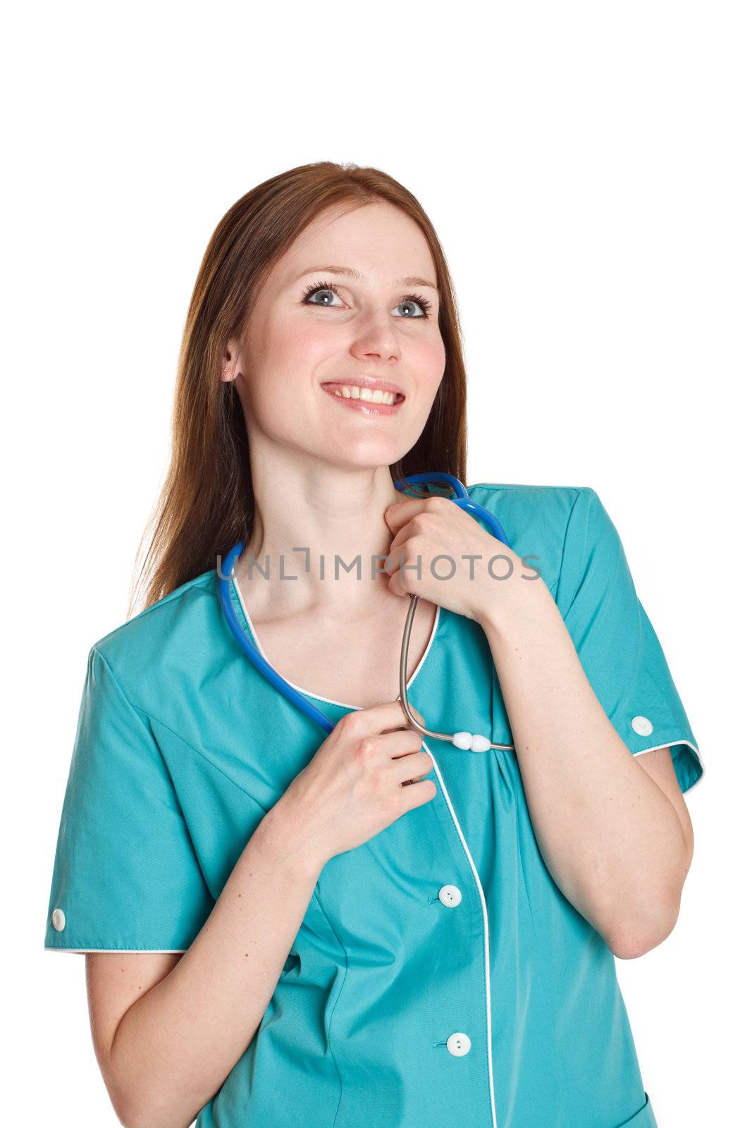 Smiling nurse in the green uniform