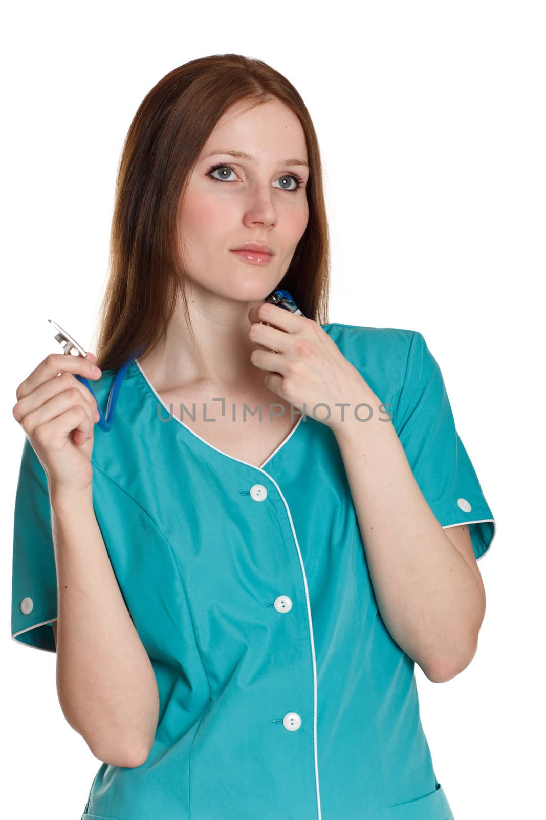 The portrait of female doctor in the green uniform.