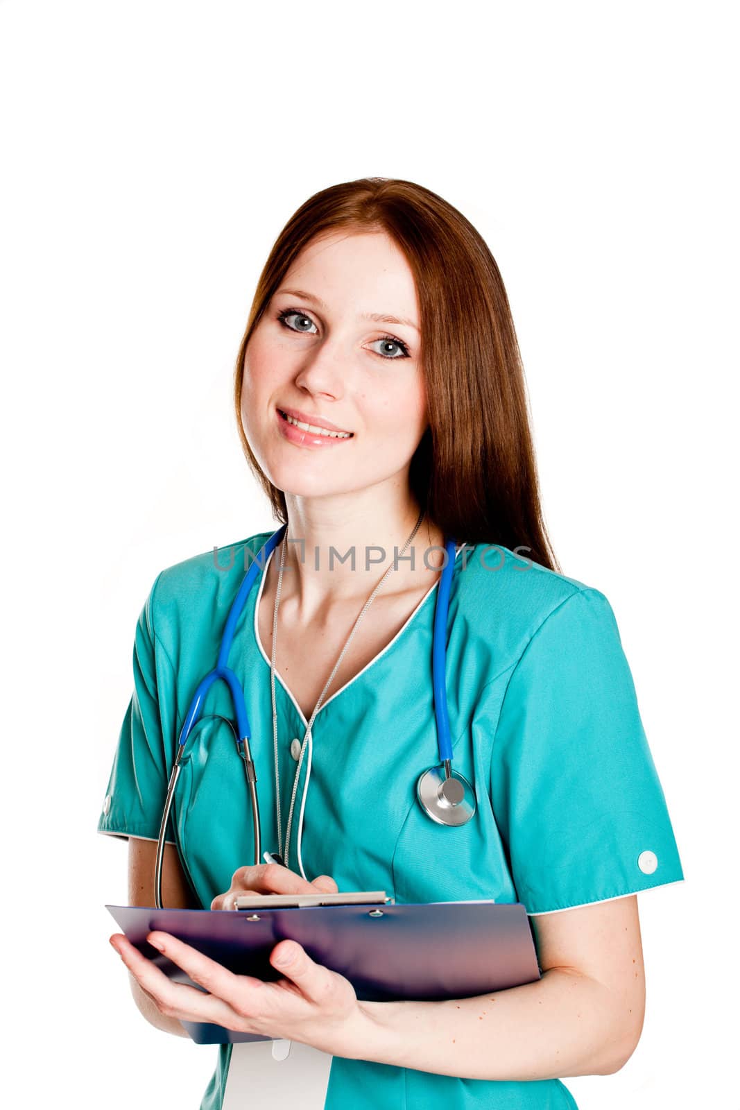 Portrait of happy successful mature female doctor holding the writing pad
