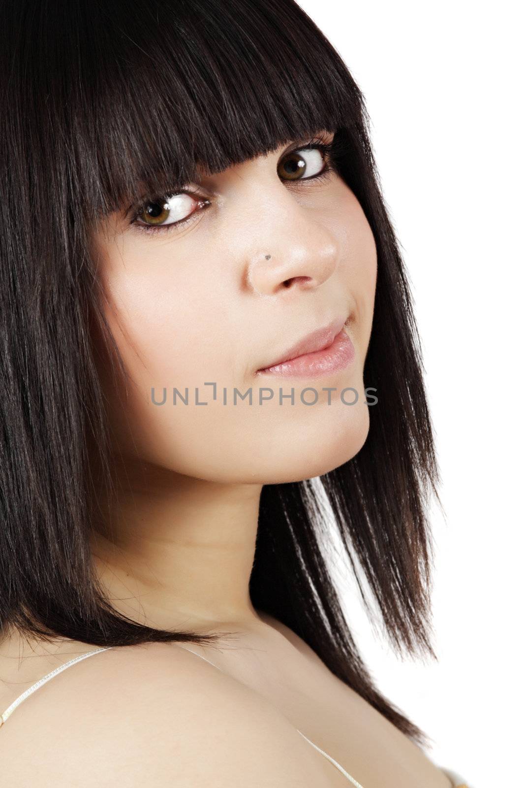portrait of pretty teen girl, white background