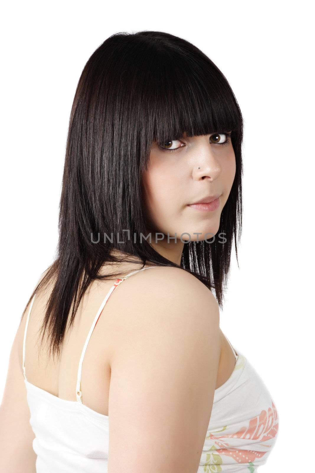 portrait of pretty teen girl, white background
