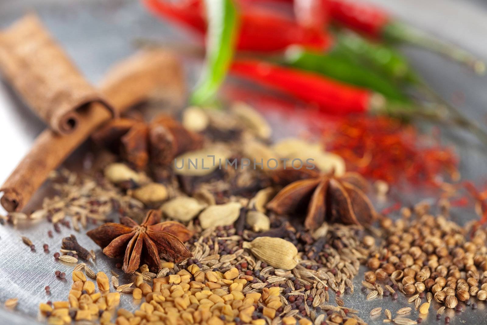 Dried spices typically used in Indian cooking such as curries