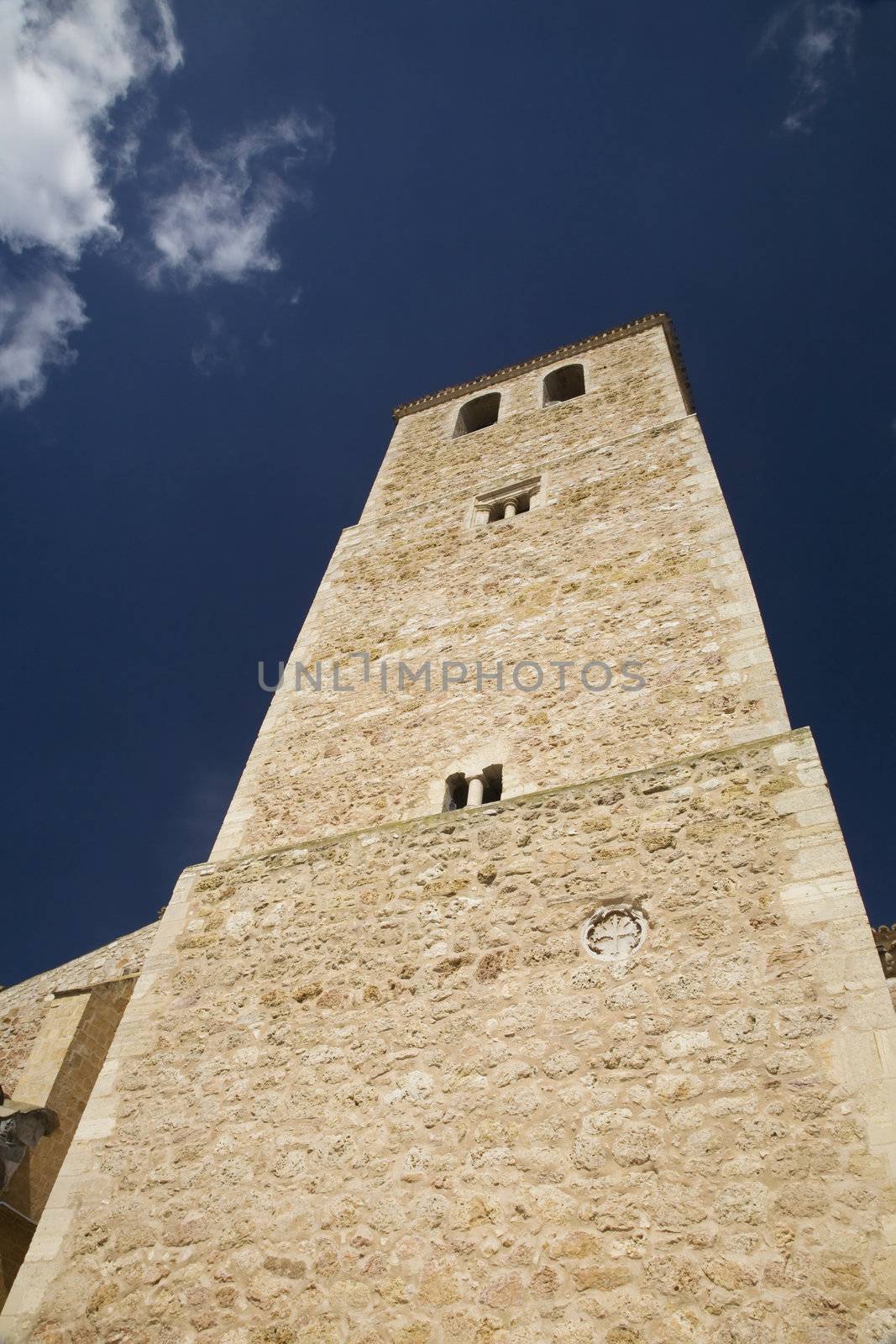 tower of the church at belmonte village in spain