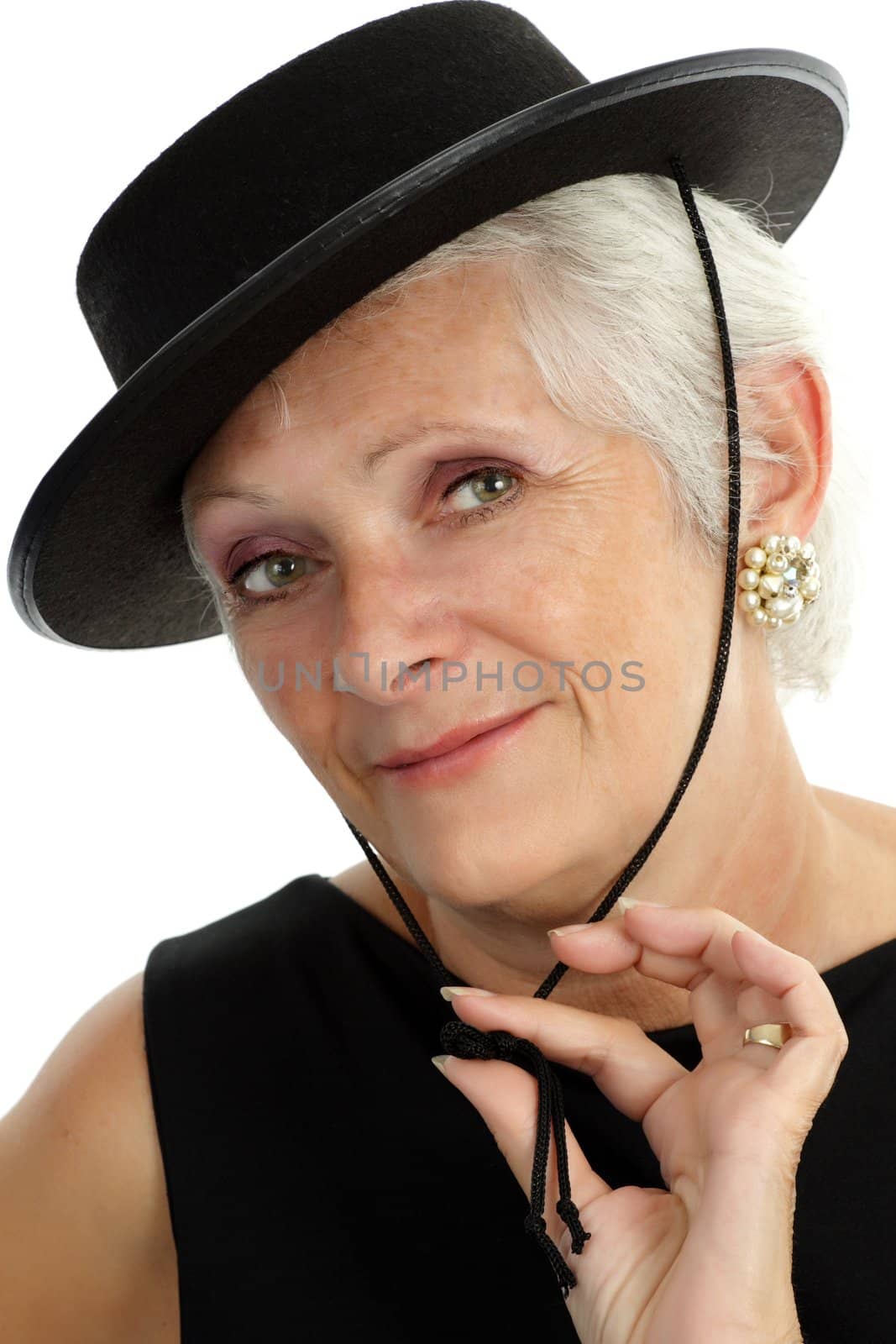 mature white hair woman with black hat