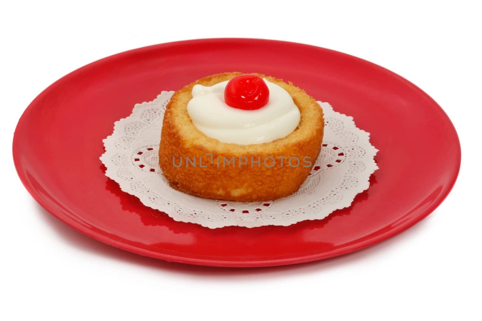 cream shortcake with cherry, on red plate,  isolated on white background