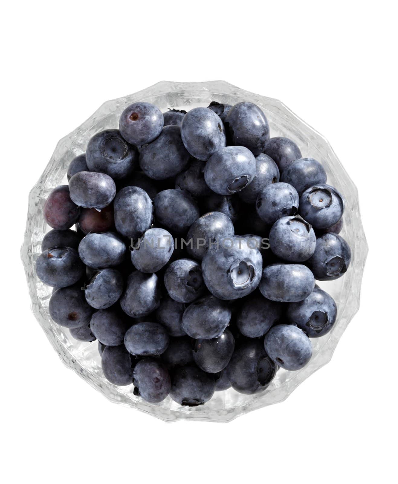 fresh blueberries in transparent bowl, isolated on white