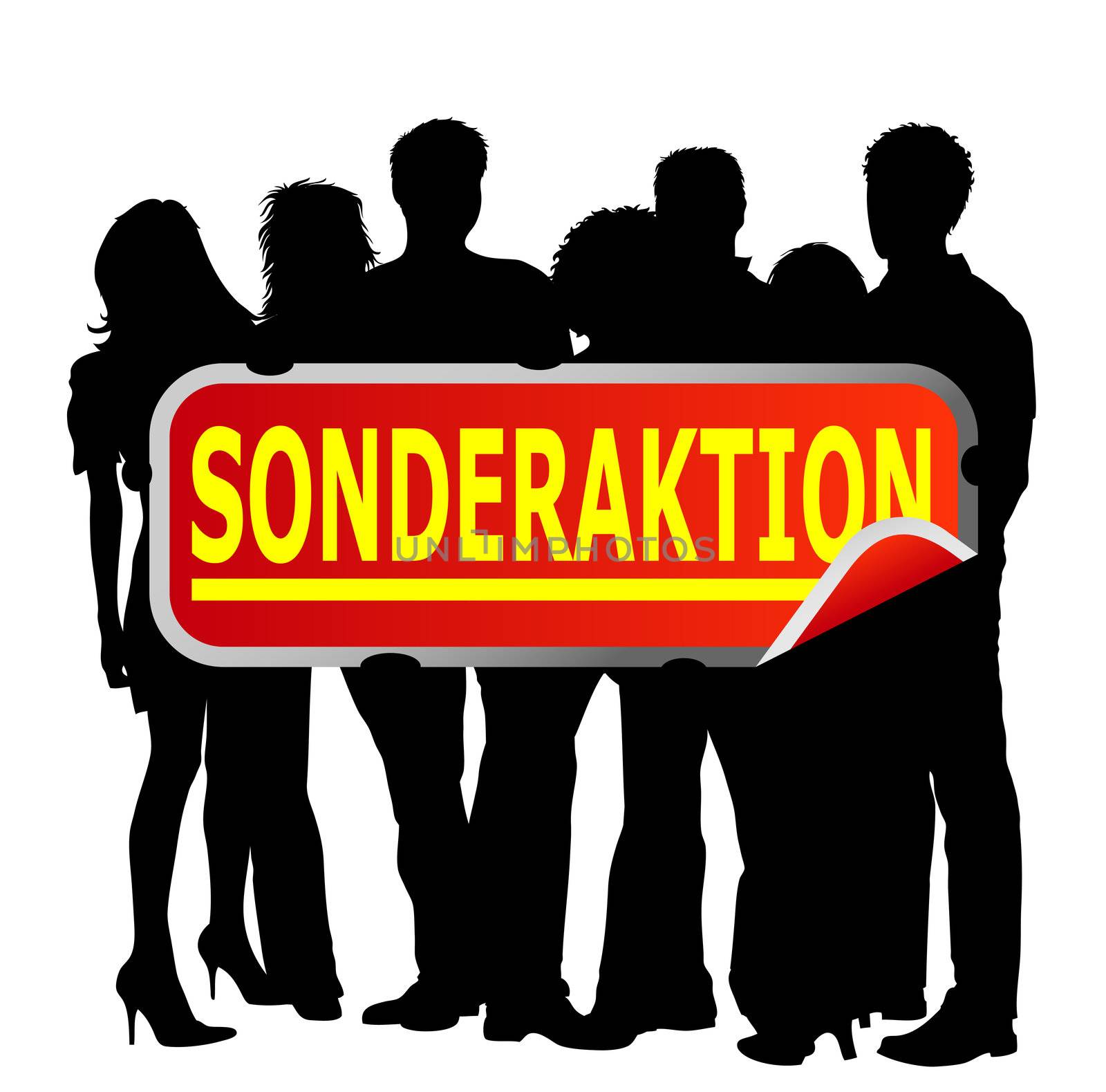 People with german marketing sign - sonderaktion