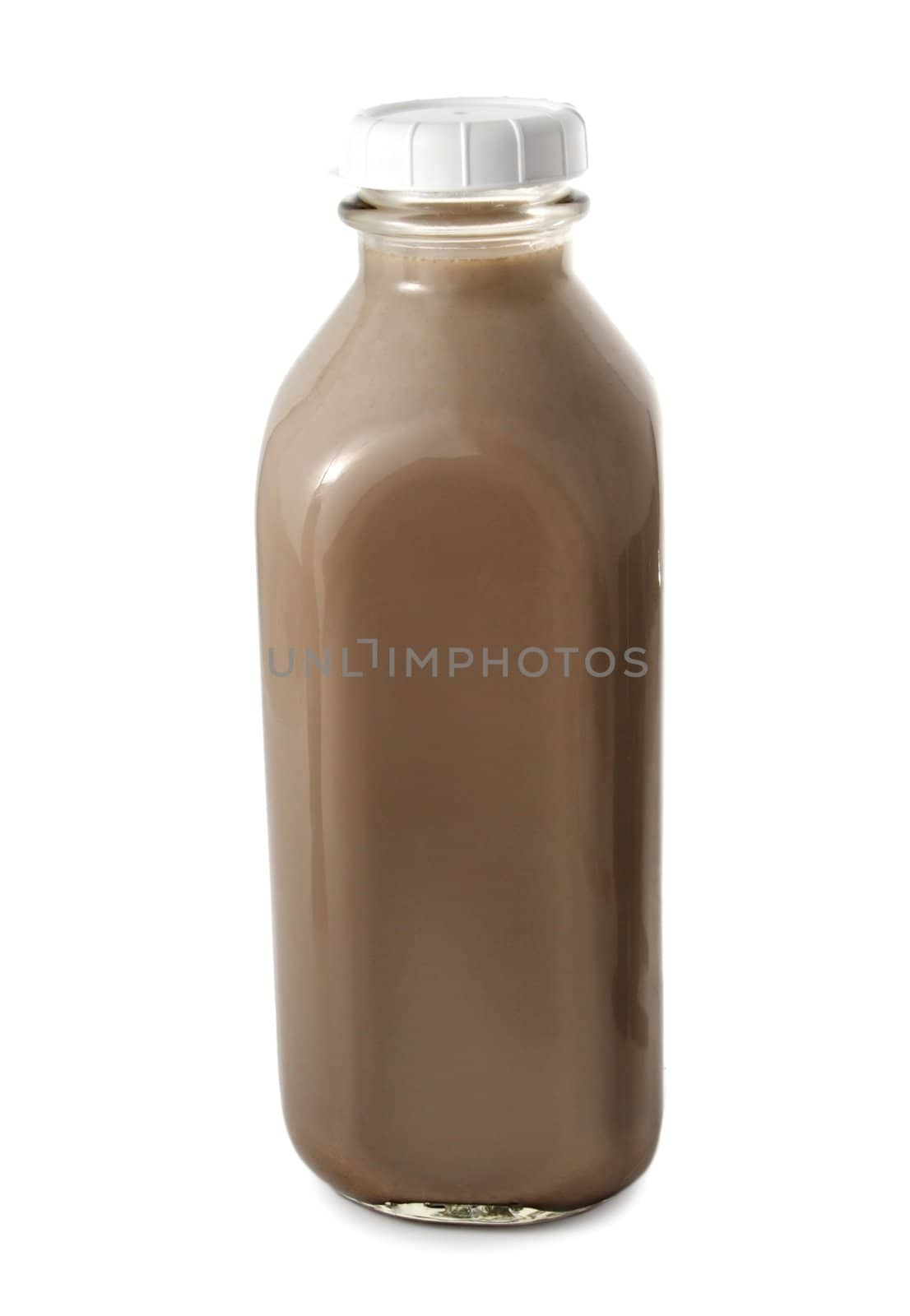 glass bottle of chocolate milk, isolated on white
