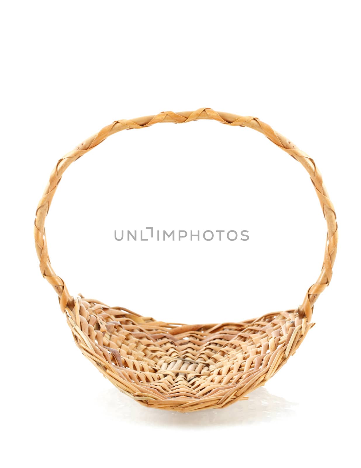 wicker basket with handle, white background