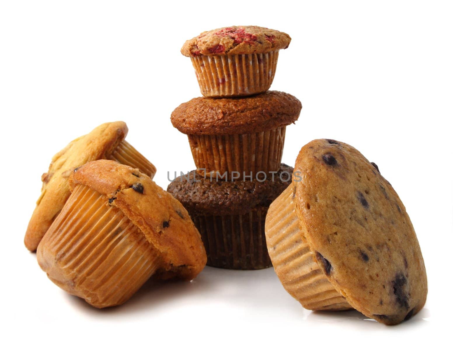 variety of muffins, white background