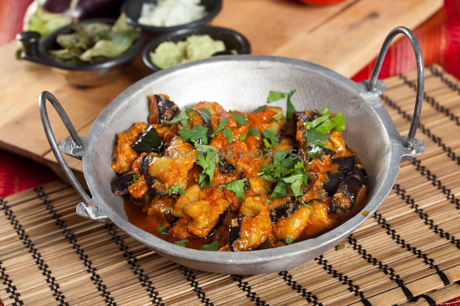 Indian style aubergine dish with fresh coriander on top