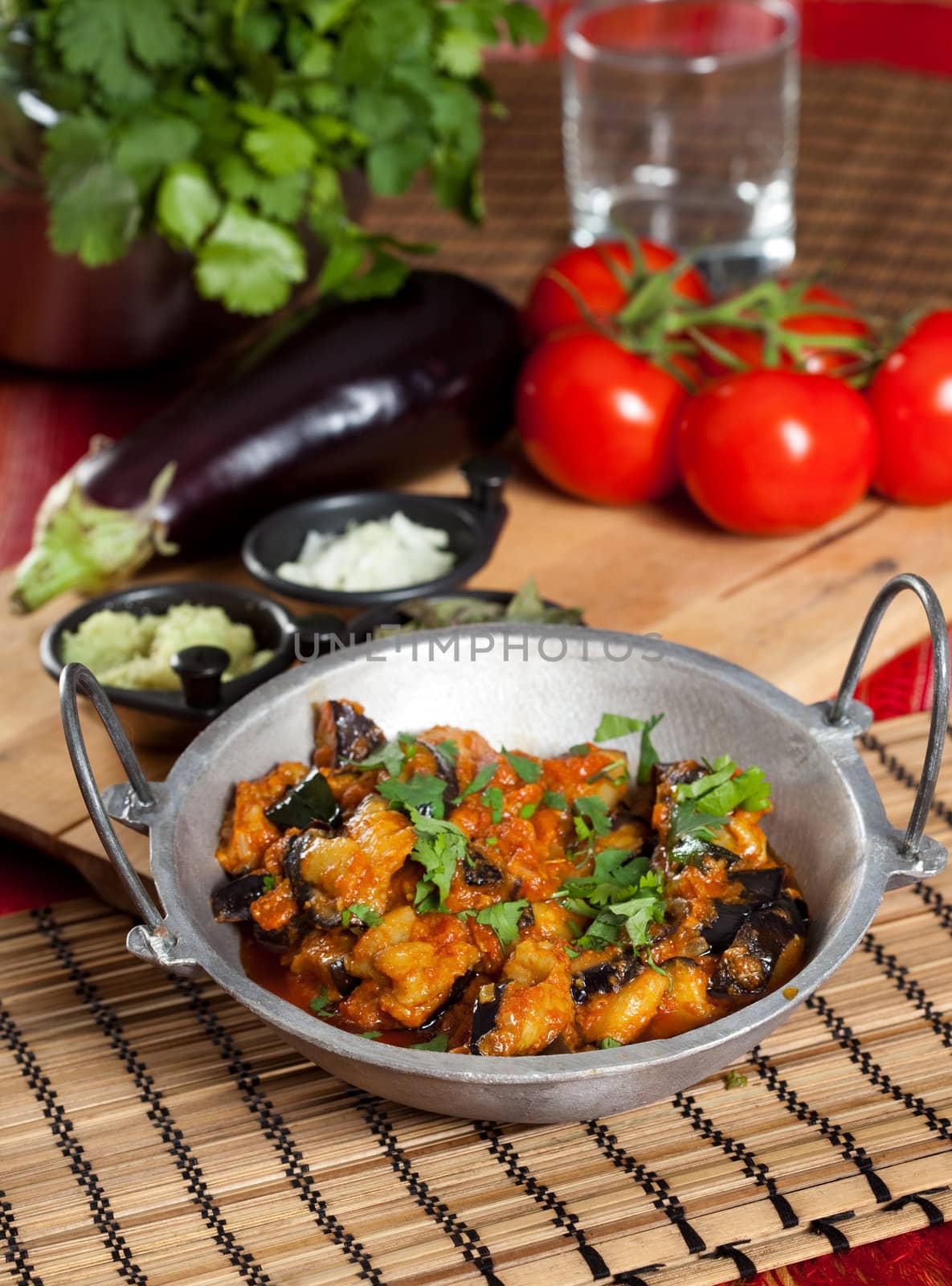 Indian style eggplant/aubergine dish with fresh coriander on top