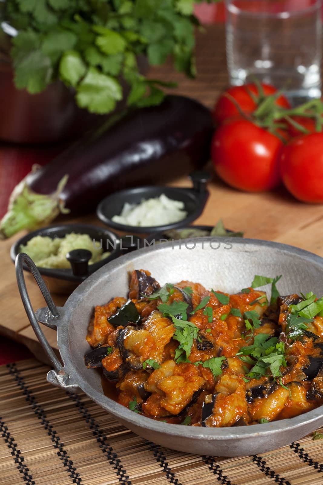 Indian dish with fried aubergine